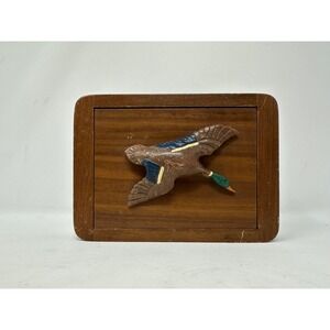Vintage Hand Carved Wooden Mallard Duck Trinket Box Rustic Cabin Decor Brown